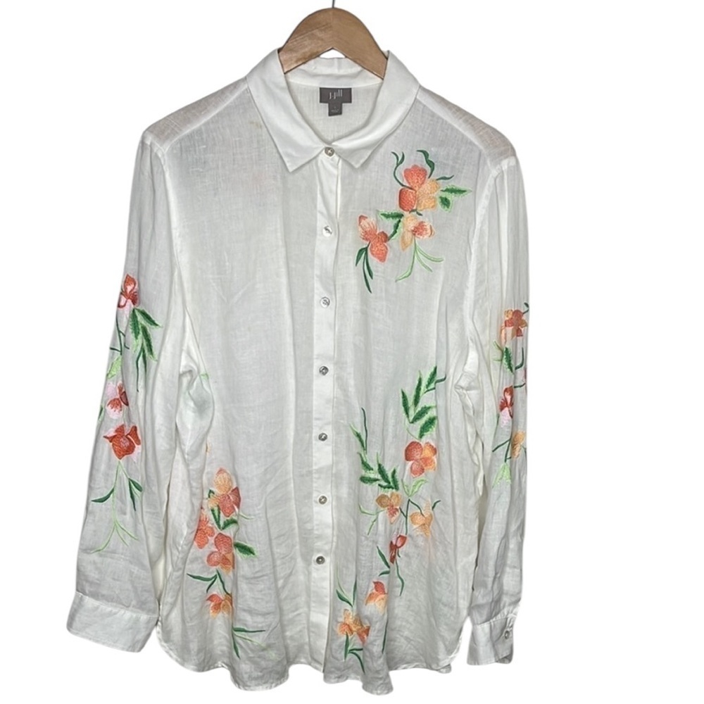 J. Jill White Linen Floral Embroidered Button Up Shirt Women Size L BLEMISH